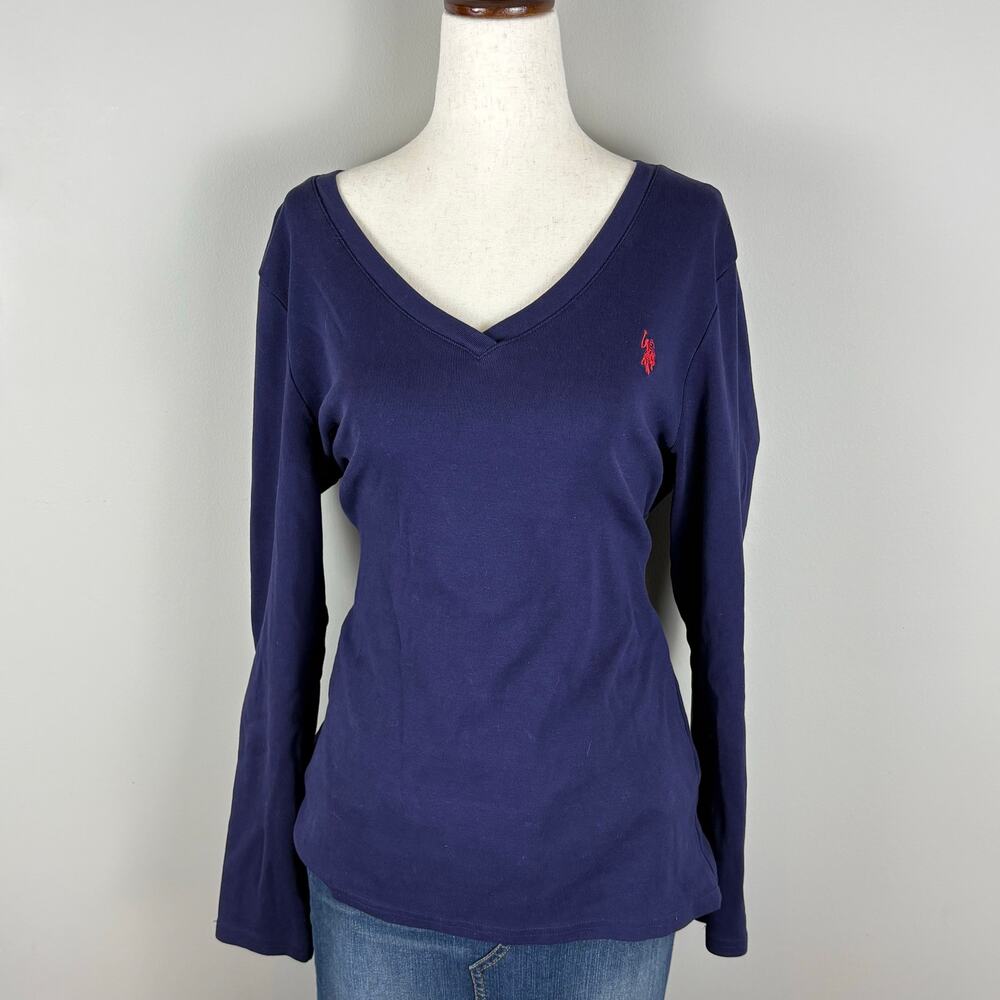 U.S. Polo Assn. V Neck Long Sleeve Shirt Dark Purple Preppy Classic Women's XL